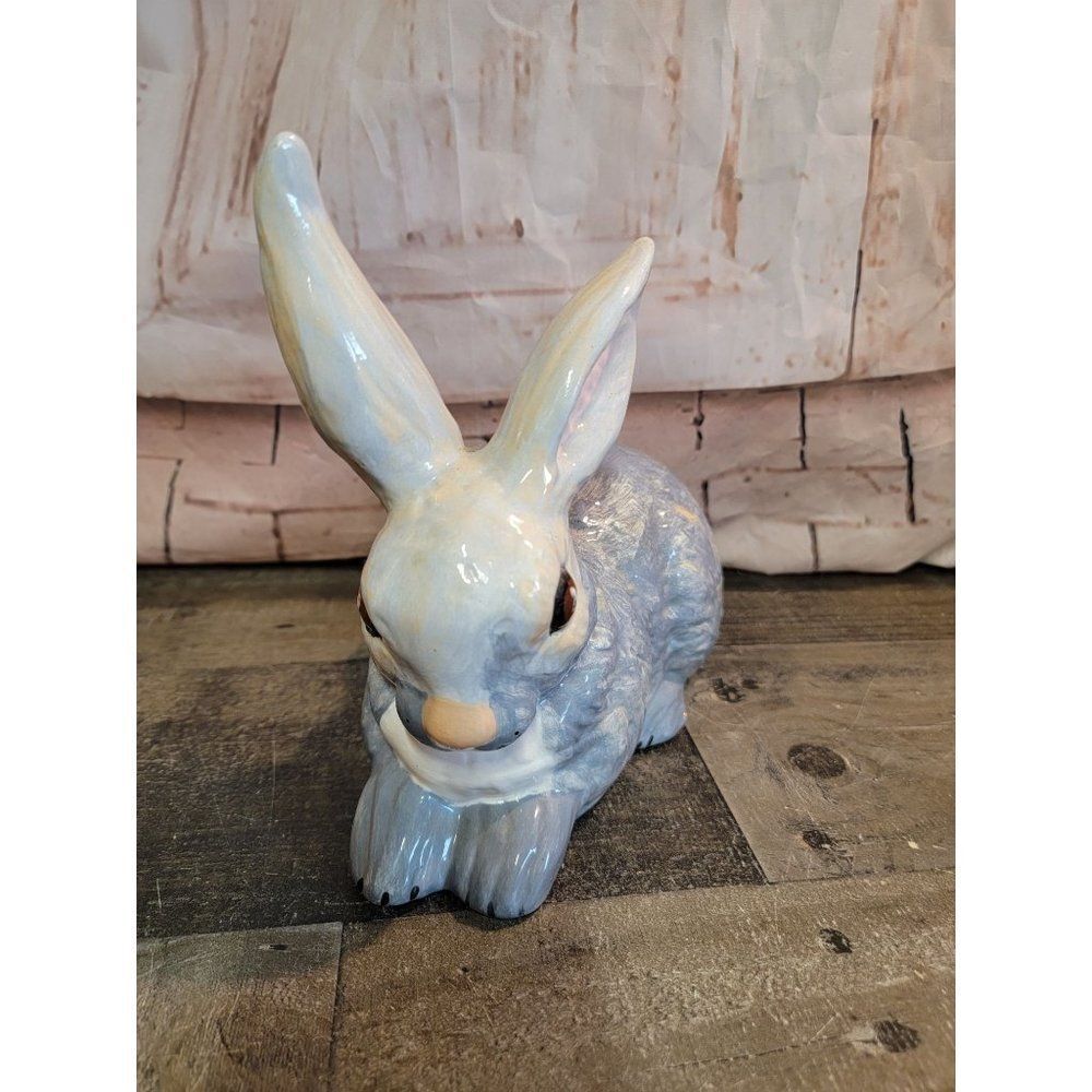 Ceramic hand-painted gray bunny piggy bank decor figure